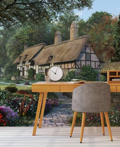 pretty thatched cottage and garden wallpaper