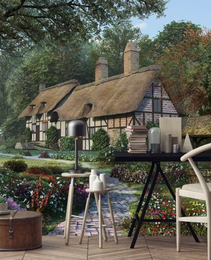 pretty thatched cottage and garden wallpaper
