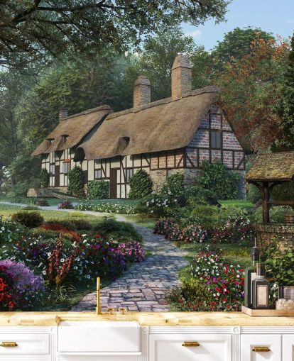 pretty thatched cottage and garden wallpaper