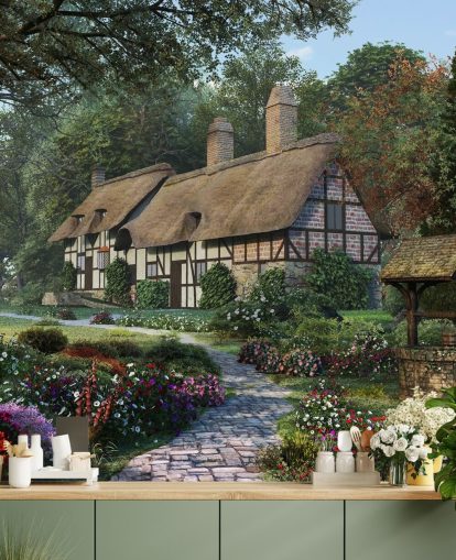 pretty thatched cottage and garden wallpaper
