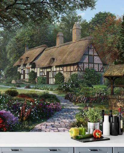 pretty thatched cottage and garden wallpaper
