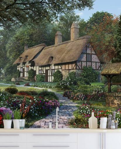 pretty thatched cottage and garden wallpaper