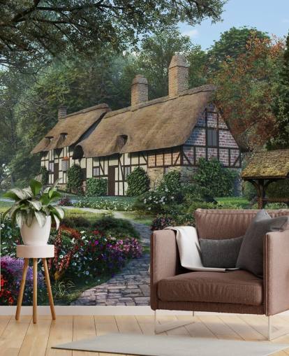 pretty thatched cottage and garden wallpaper