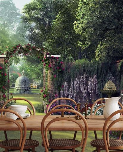 bunte Fassade Garten Tapete