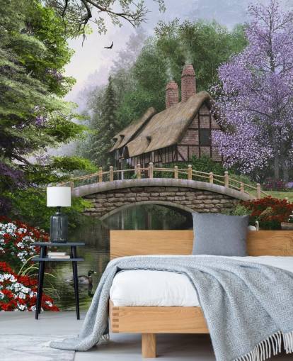 casa de paja junto a un fondo de pantalla de puente y río casa de paja junto a un fondo de pantalla de puente y río