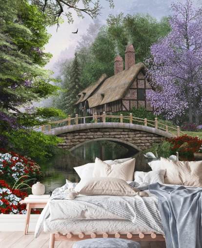 thatched cottage by a bridge and river wallpaper thatched cottage by a bridge and river wallpaper
