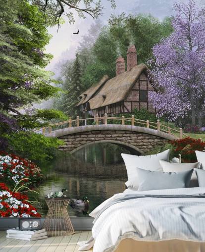 casa de palha por uma ponte e rio papel de parede