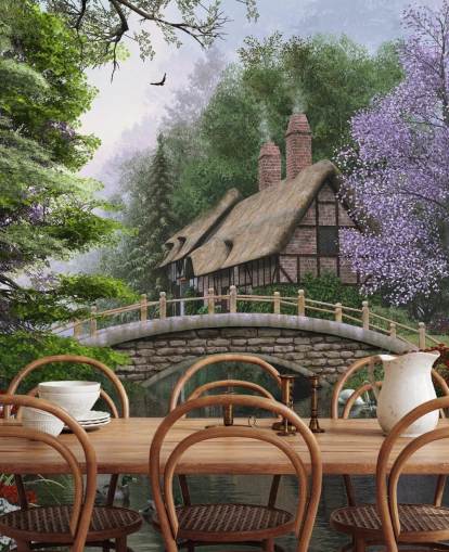 cottage dal tetto di paglia da un ponte e carta da parati fiume