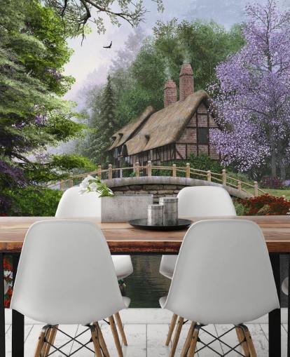 thatched cottage by a bridge and river wallpaper