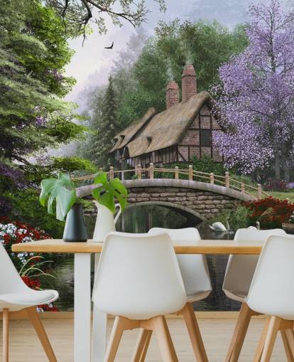 casa de paja junto a un fondo de pantalla de puente y río