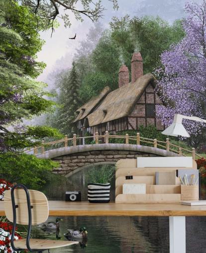 thatched cottage by a bridge and river wallpaper