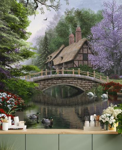 casa de paja junto a un fondo de pantalla de puente y río