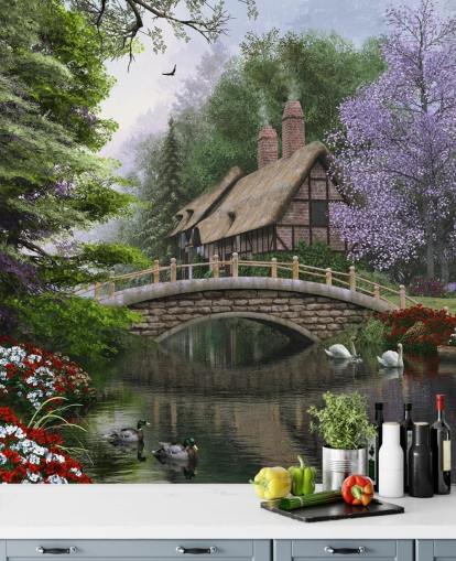 chaumière par un pont et une rivière papier peint