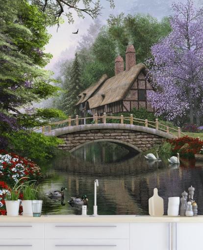 thatched cottage by a bridge and river wallpaper