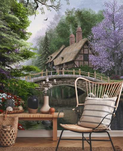 cottage dal tetto di paglia da un ponte e carta da parati fiume