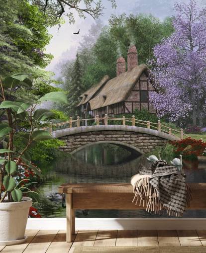 casa de paja junto a un fondo de pantalla de puente y río