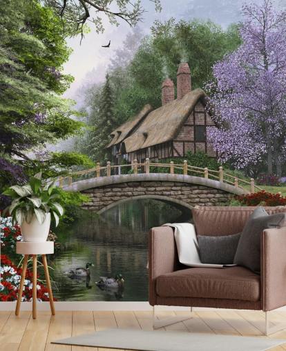 thatched cottage by a bridge and river wallpaper thatched cottage by a bridge and river wallpaper