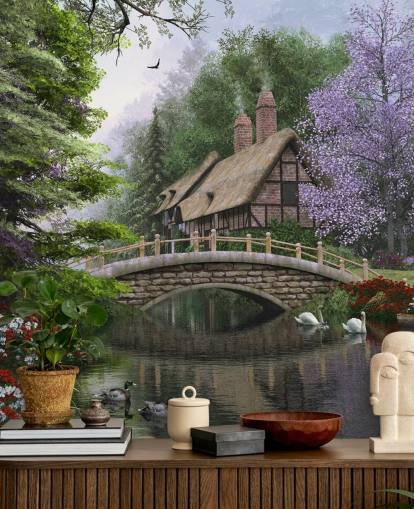 cottage dal tetto di paglia da un ponte e carta da parati fiume