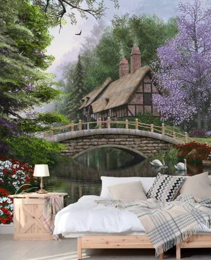 huisje met rieten dak bij een brug en rivierbehang