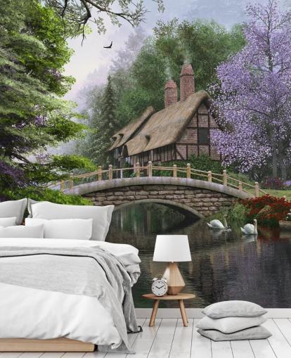 thatched cottage by a bridge and river wallpaper thatched cottage by a bridge and river wallpaper
