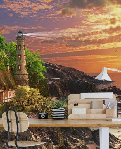 orange sunset by rocky coast wallpaper