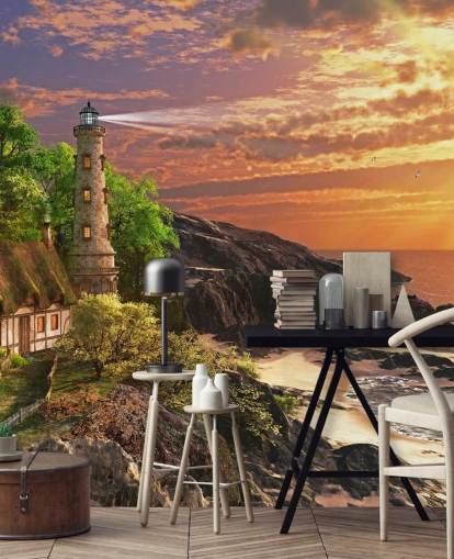 papel de parede laranja sunset by rocky coast