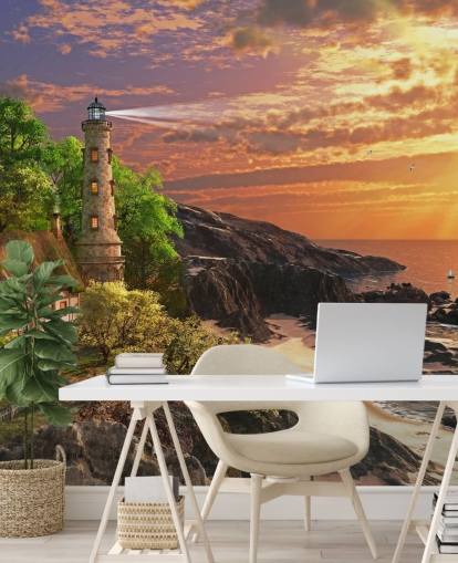 papel de parede laranja sunset by rocky coast