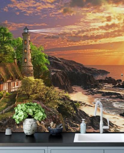 papel de parede laranja sunset by rocky coast