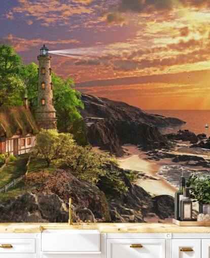 appelsin solnedgang af stenet kyst tapet