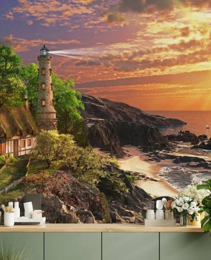 papel de parede laranja sunset by rocky coast