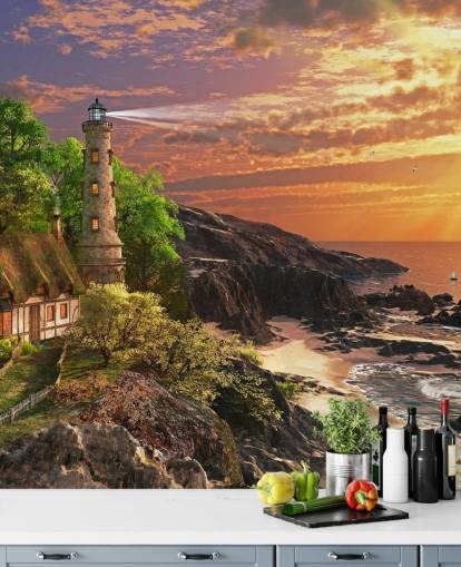 appelsin solnedgang af stenet kyst tapet