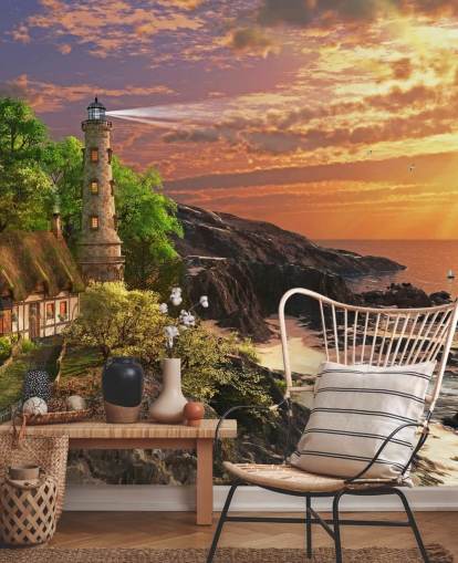 papel de parede laranja sunset by rocky coast