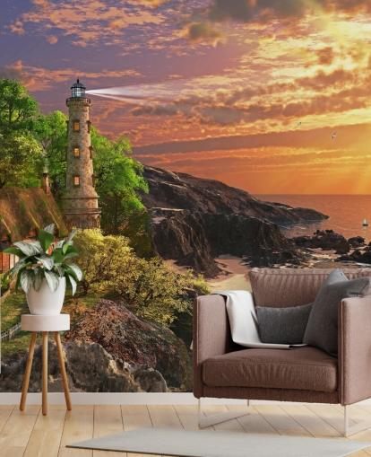 papel de parede laranja sunset by rocky coast