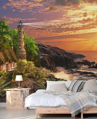 papel de parede laranja sunset by rocky coast