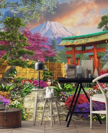 färgglad japansk trädgård tapet