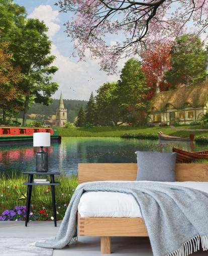 Canal avec chalet, péniche et papier peint d'église