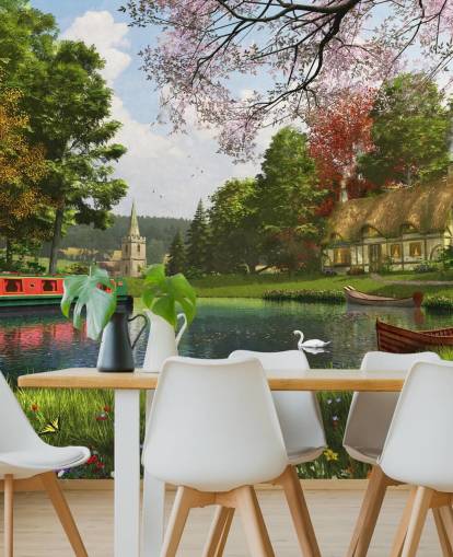 canal with cottage, barge and church wallpaper canal with cottage, barge and church wallpaper