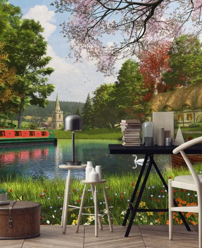 kanal med hytte, lekter og kirke tapet kanal med hytte, lekter og kirke tapet