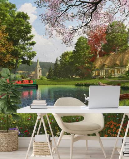 canal with cottage, barge and church wallpaper