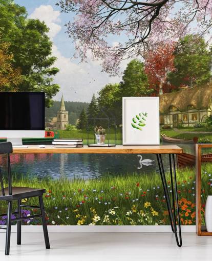 canal with cottage, barge and church wallpaper