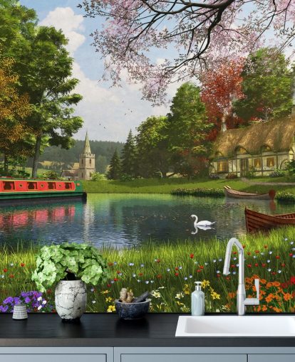 canal with cottage, barge and church wallpaper