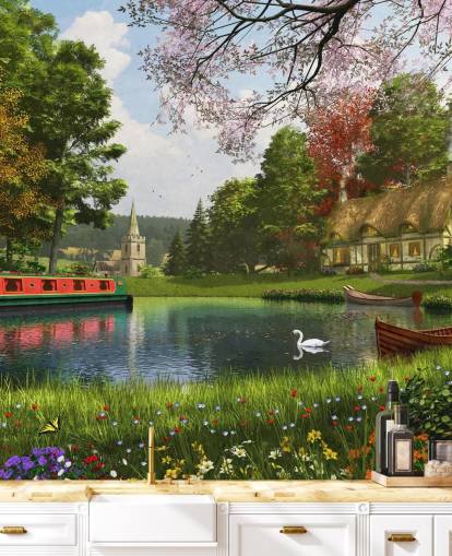 The Valley Cottage Countryside Wallpaper