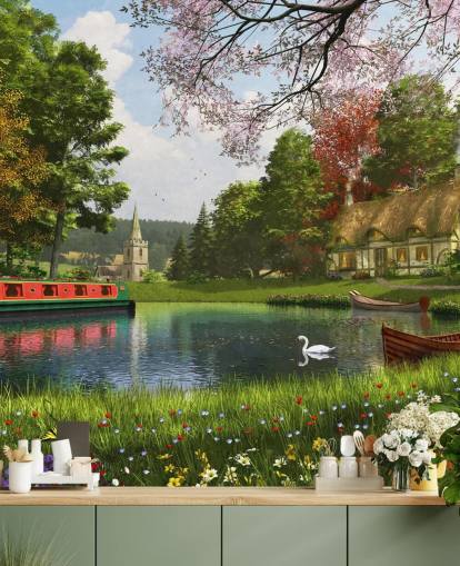 canal with cottage, barge and church wallpaper