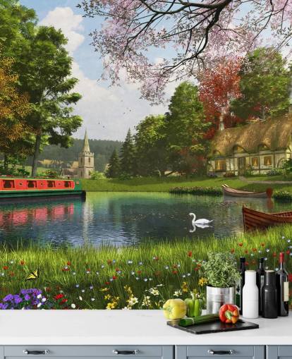 Canal avec chalet, péniche et papier peint d'église