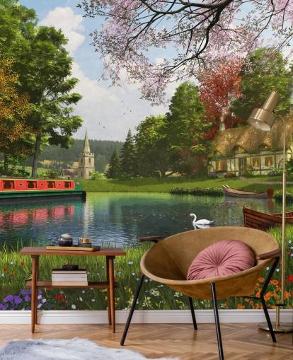 Canal avec chalet, péniche et papier peint d'église