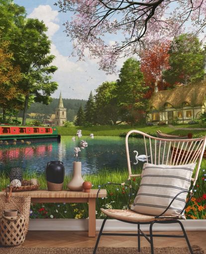 canal with cottage, barge and church wallpaper