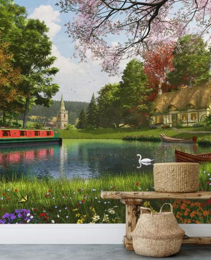 Canal avec chalet, péniche et papier peint d'église