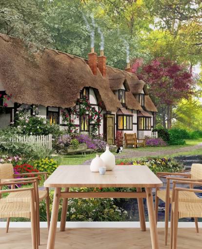 thatched cottage by canal wallpaper
