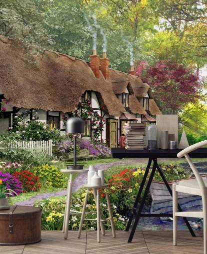 thatched cottage by canal wallpaper