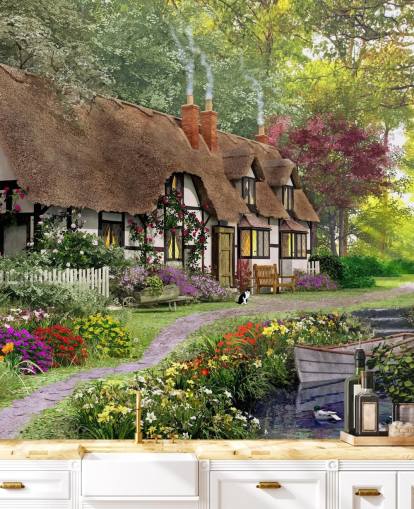 thatched cottage by canal wallpaper